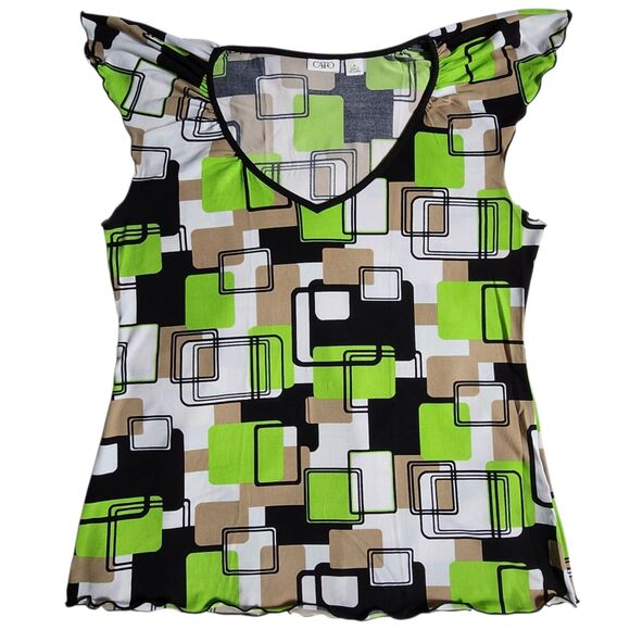 Cato Multi Color Geometric Print V Neck Flutter Sleeve Top sz M - Picture 1 of 11